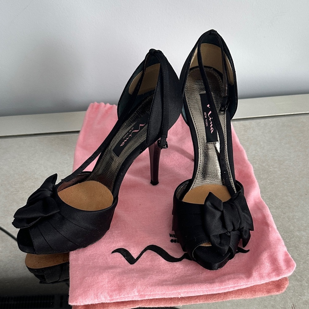 Nina Black Peep-Toe Heels with Bow Accent